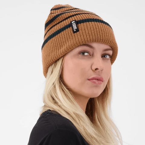 Stripey merino beanie - Tan / Dark pine / Black