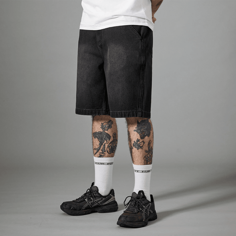 Recycled cotton workers club denim shorts - Washed black