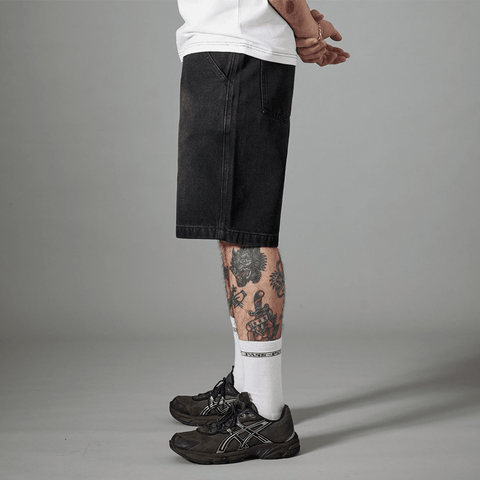 Recycled cotton workers club denim shorts - Washed black